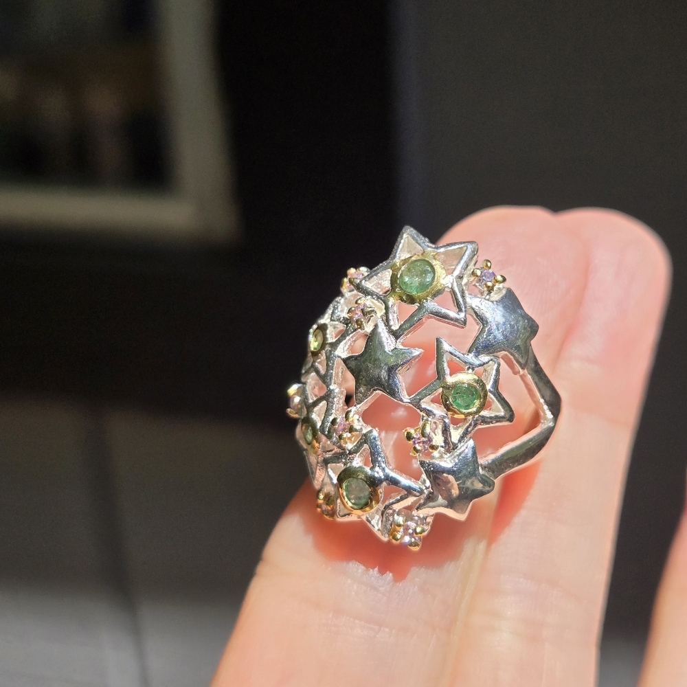 Emerald & Topaz sterling & gold star dome ring sz7.5 - Picture 10 of 12